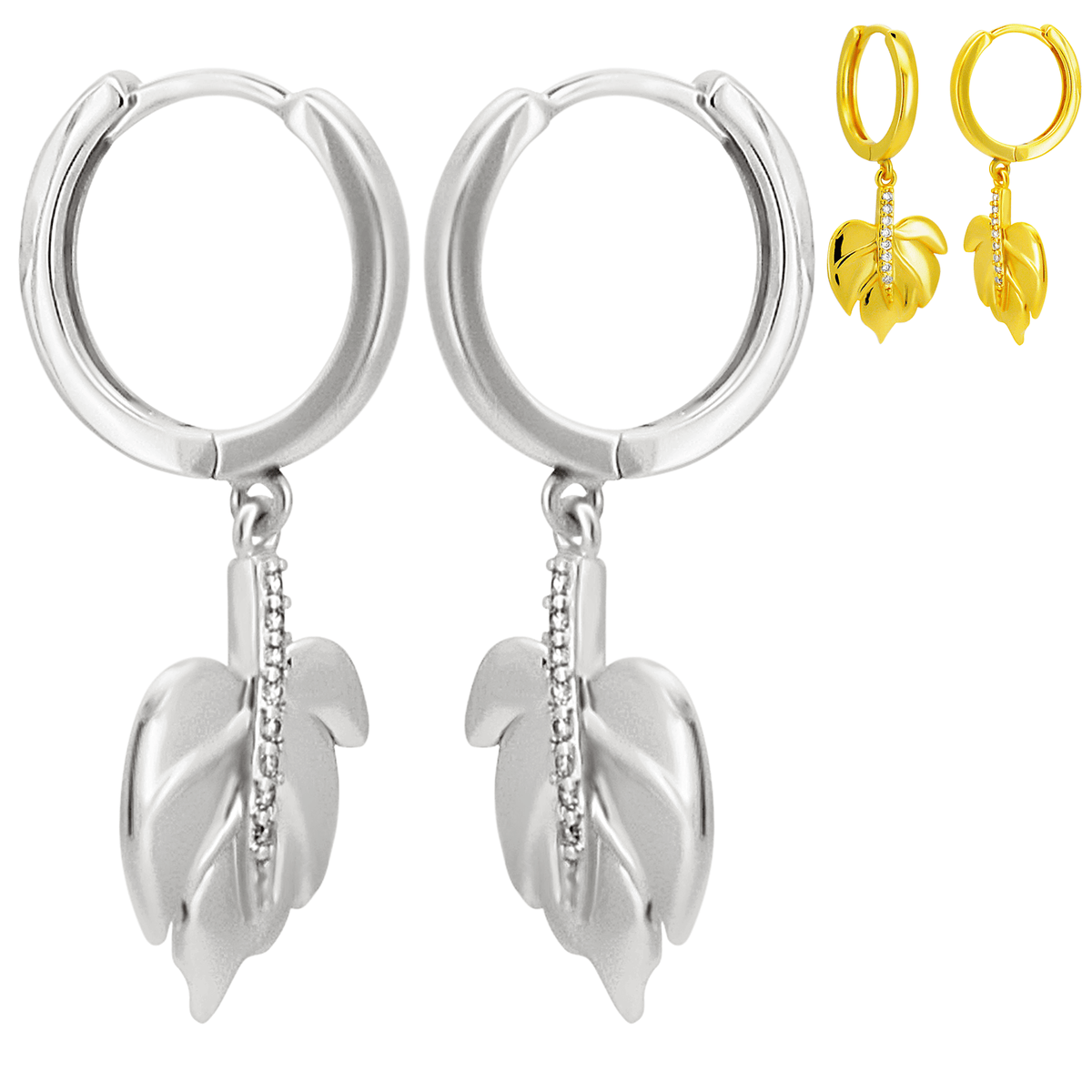 Hypoallergenic 316L Stainless Steel Dangling Leaf Zircon Huggies – Gold & Steel Plated Clip-On Earrings