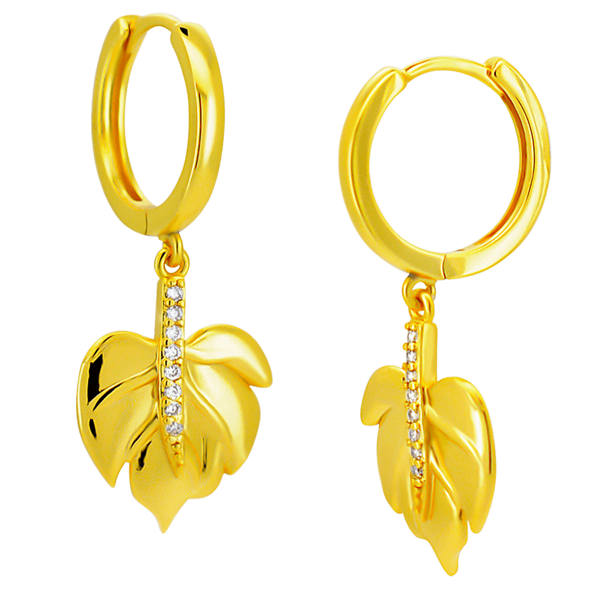 Hypoallergenic 316L Stainless Steel Dangling Leaf Zircon Huggies – Gold & Steel Plated Clip-On Earrings