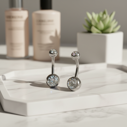 316L Surgical Steel Double Gem Cubic Zirconia Belly Navel Ring  Clear Color - 8x5mm Ball - 14g Thickness - 11mm Length