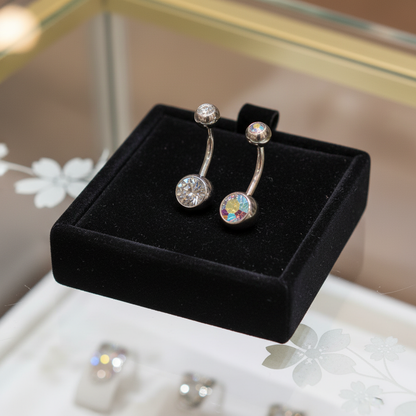 316L Surgical Steel Double Gem Cubic Zirconia Belly Navel Ring  Clear Color - 8x5mm Ball - 14g Thickness - 11mm Length
