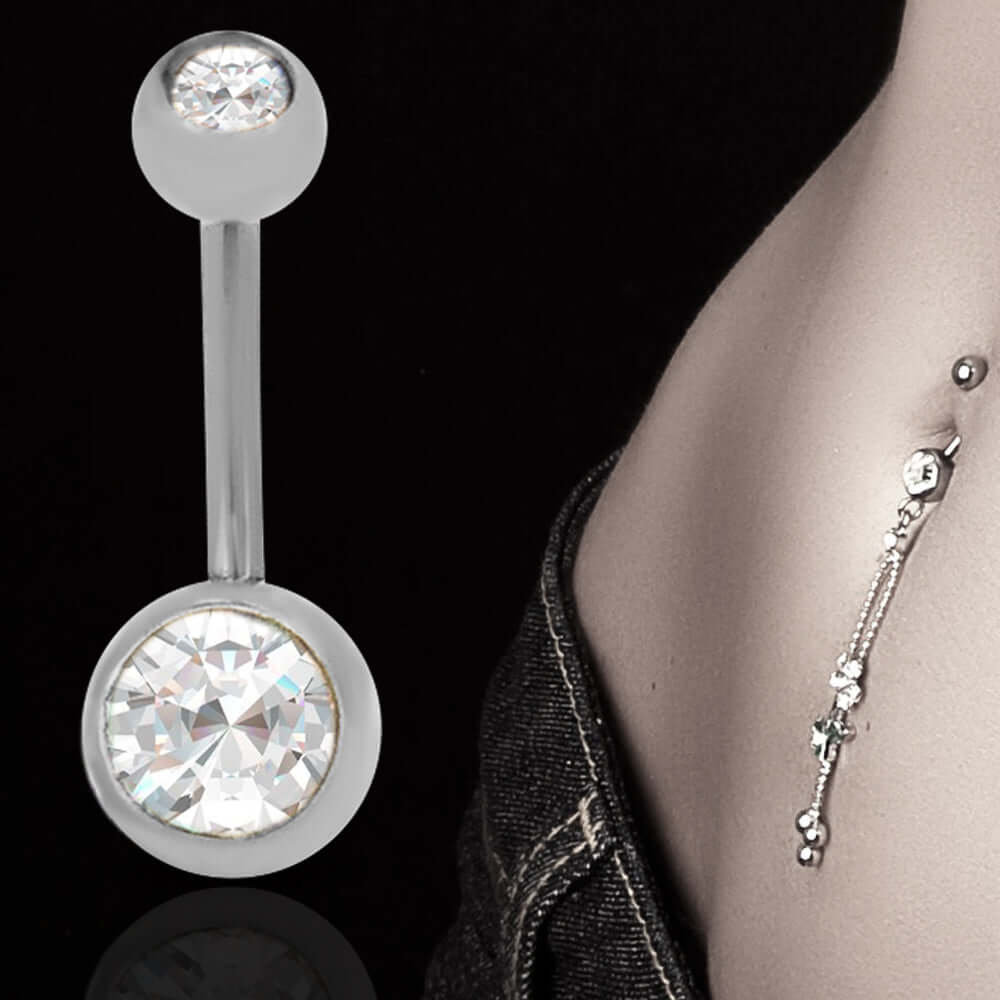 316L Surgical Steel Double Gem Cubic Zirconia Belly Navel Ring  Clear Color - 8x5mm Ball - 14g Thickness - 11mm Length