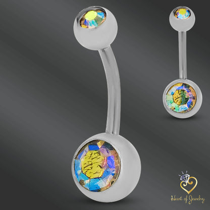 316L Surgical Steel Double Gem Cubic Zirconia Belly Navel Ring  Clear Color - 8x5mm Ball - 14g Thickness - 11mm Length