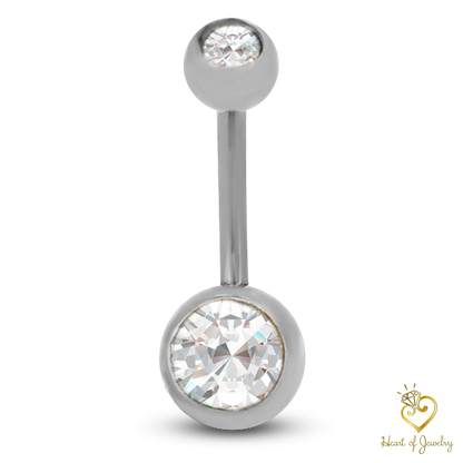 316L Surgical Steel Double Gem Cubic Zirconia Belly Navel Ring  Clear Color - 8x5mm Ball - 14g Thickness - 11mm Length