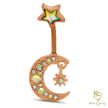 316L Surgical Steel Crescent Moon with Cubic Zirconia Design Belly Navel Ring 15.5x5mm Ball - 14g Thickness - 11mm Length
