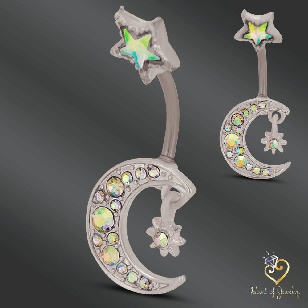 316L Surgical Steel Crescent Moon with Cubic Zirconia Design Belly Navel Ring 15.5x5mm Ball - 14g Thickness - 11mm Length
