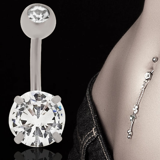 316L Surgical Steel Prong Set Cubic Zirconia Belly Navel Ring  Steel Clear Color - 8x5mm Ball - 14g Thickness - 10mm Length