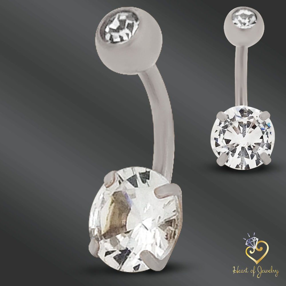 316L Surgical Steel Prong Set Cubic Zirconia Belly Navel Ring  Steel Clear Color - 8x5mm Ball - 14g Thickness - 10mm Length