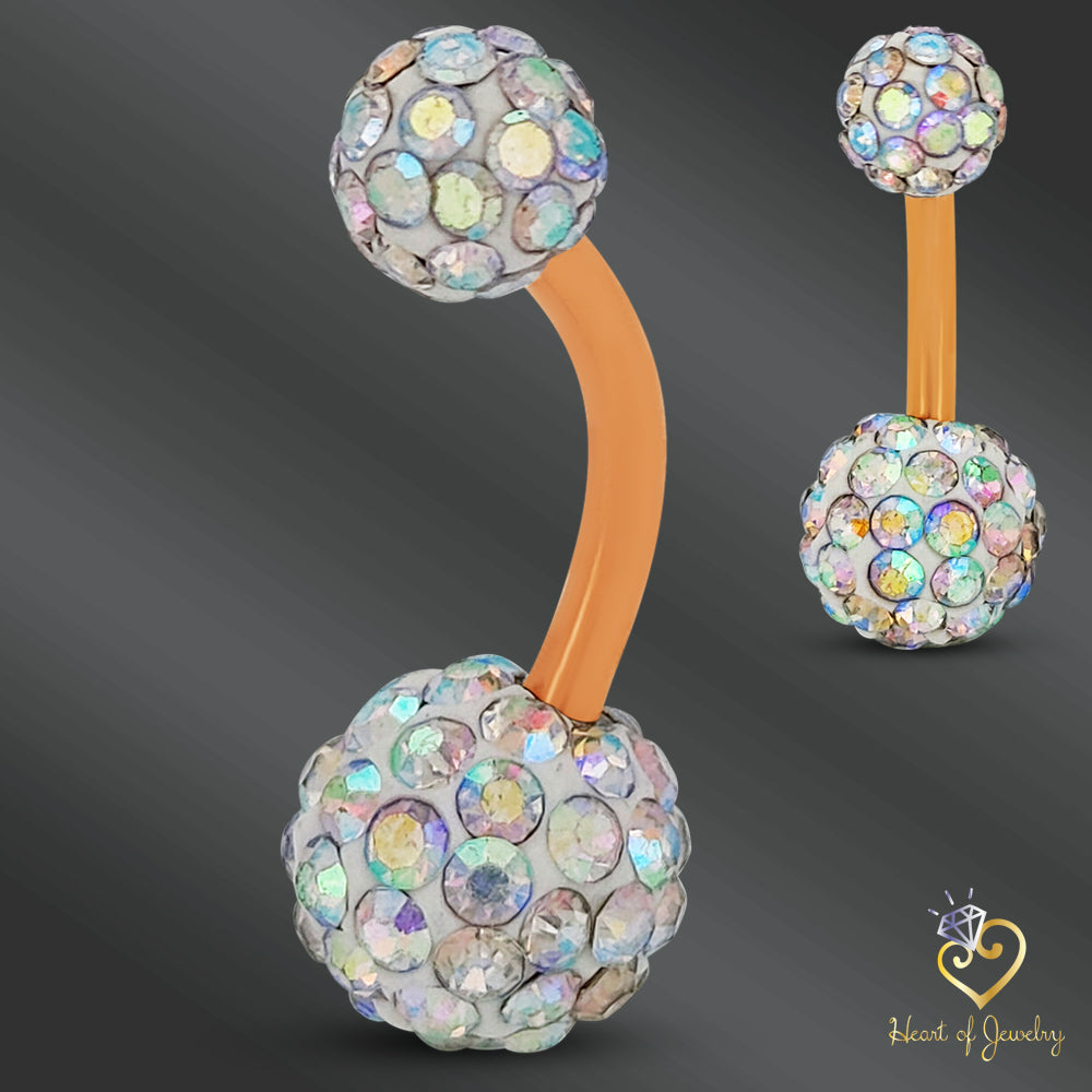 316L Surgical Steel Multi Cubic Zirconia Disco Ball Design  Belly Navel Ring  Steel  - 8x5mm Ball - 14g Thickness - 10mm Length