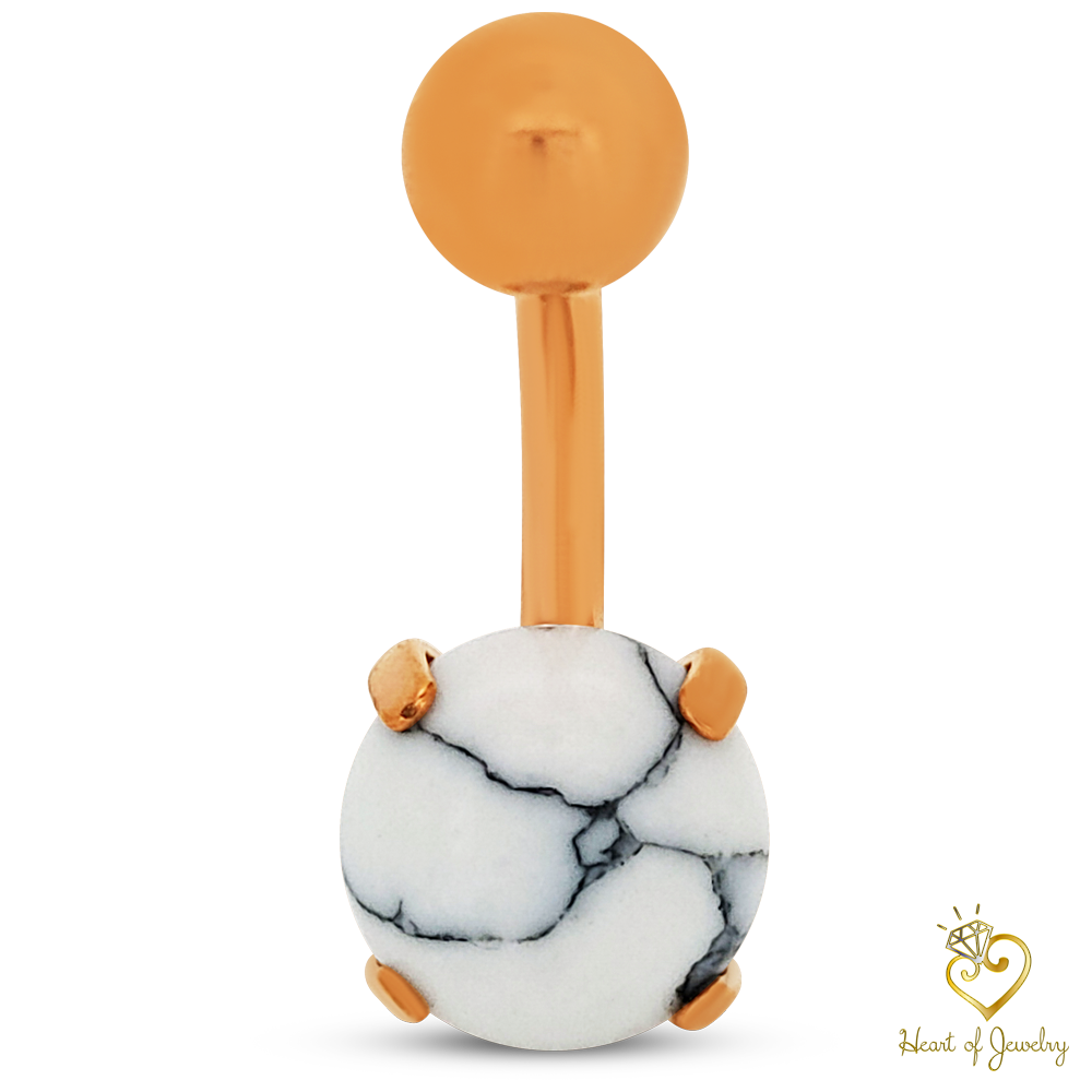 316L Surgical Steel Prong Set Howlite Resemble Stone Belly Navel Ring  Steel Color - 8x5mm Ball - 14g Thickness - 11mm Length