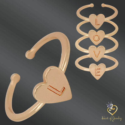 4 Pcs Gold Plated LOVE Letters Rings Adjustable Initial Letter Heart Rings Copper