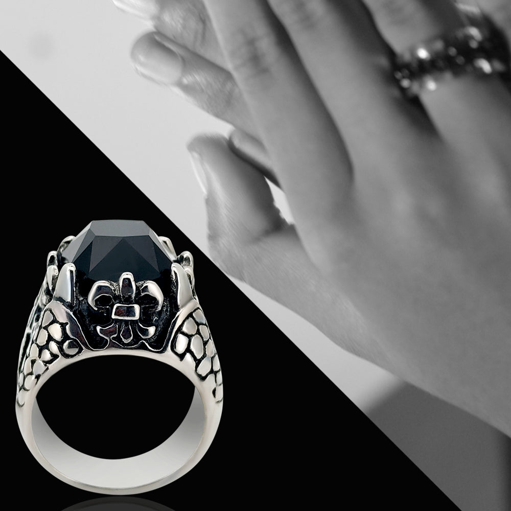 Faceted Onyx Square Gem Royal Fleur De  Lis Dragon Claw Cast Ring Stainless Steel