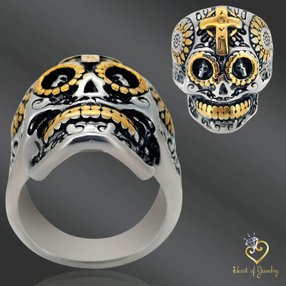 Gold Cross Day of the Dead Skull Ring – Stainless Steel Casting