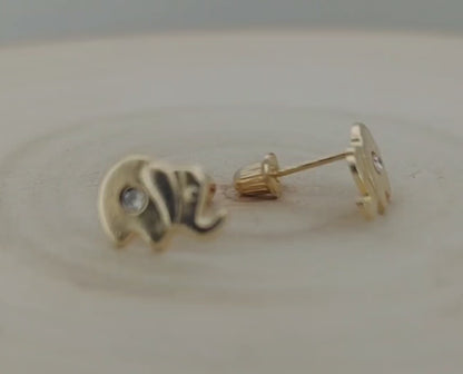 Adorable 14k Gold Elephant Baby Earrings with CZ & Safety Screw Back